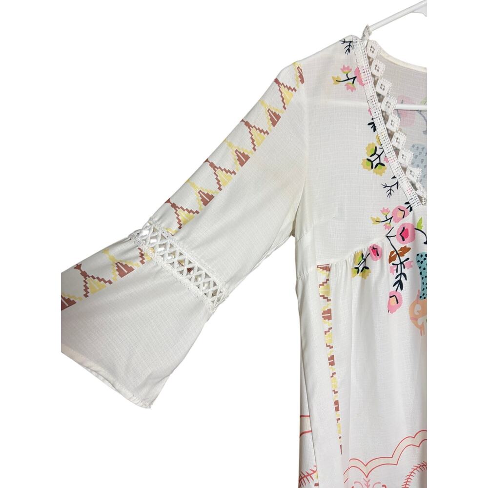 Boho Floral Babydoll Tunic Dress White Embroidered Lace V Neck Medium Festival - Picture 2 of 6